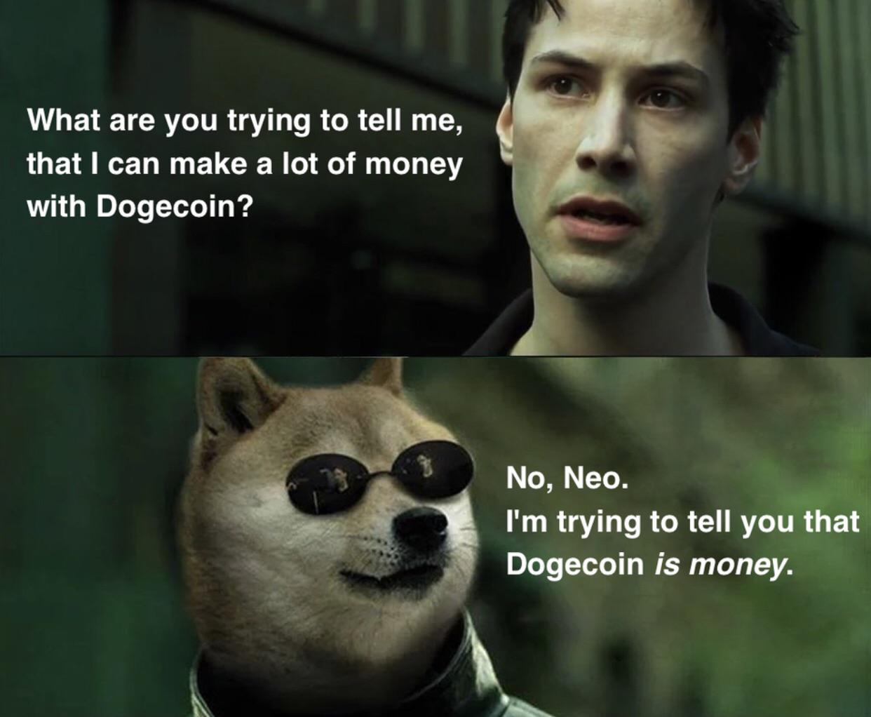 you trying to tell me - What are you trying to tell me, that I can make a lot of money with Dogecoin? No, Neo. I'm trying to tell you that Dogecoin is money.