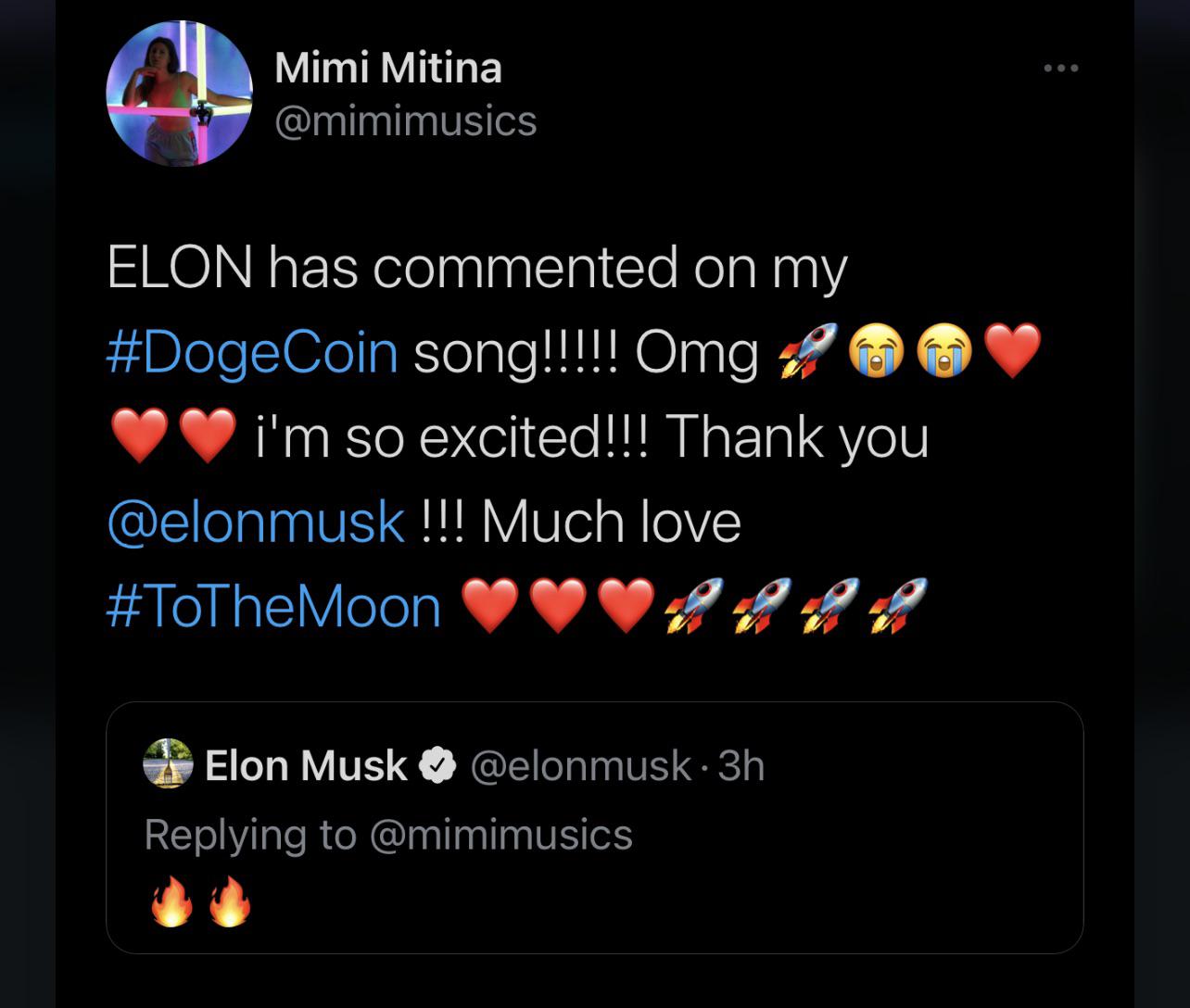 screenshot - Mimi Mitina Elon has commented on my song!!!!! Omg ? i'm so excited!!! Thank you !!! Much love Elon Musk .3h