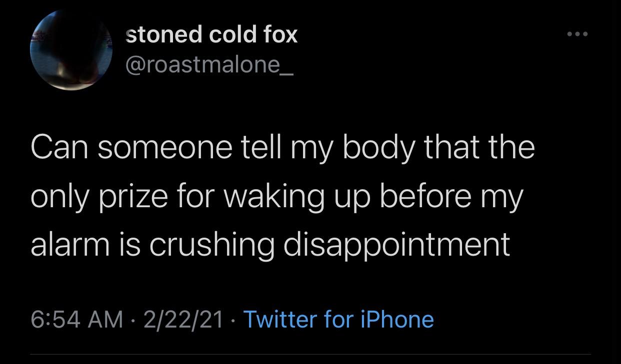 atmosphere - G stoned cold fox Can someone tell my body that the only prize for waking up before my alarm is crushing disappointment 22221 Twitter for iPhone