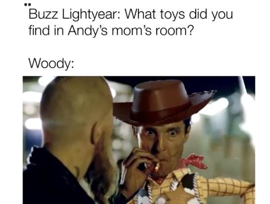 photo caption - "Buzz Lightyear What toys did you find in Andy's mom's room? Woody