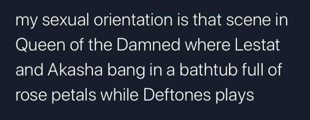 sky - my sexual orientation is that scene in Queen of the Damned where Lestat and Akasha bang in a bathtub full of rose petals while Deftones plays