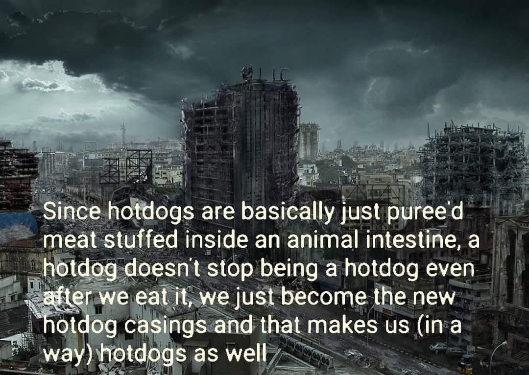 metropolis - Since hotdogs are basically just puree'd meat stuffed inside an animal intestine, a hotdog doesn't stop being a hotdog even after we eat it, we just become the new hotdog casings and that makes us in a way hotdogs as well
