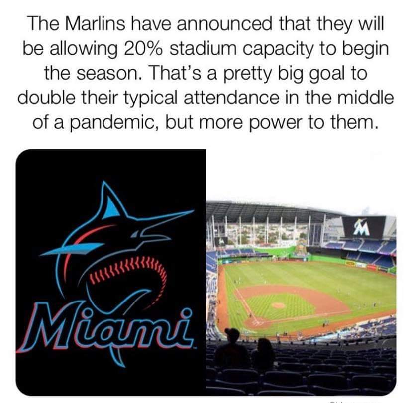 sport venue - The Marlins have announced that they will be allowing 20% stadium capacity to begin the season. That's a pretty big goal to double their typical attendance in the middle of a pandemic, but more power to them. M Miami