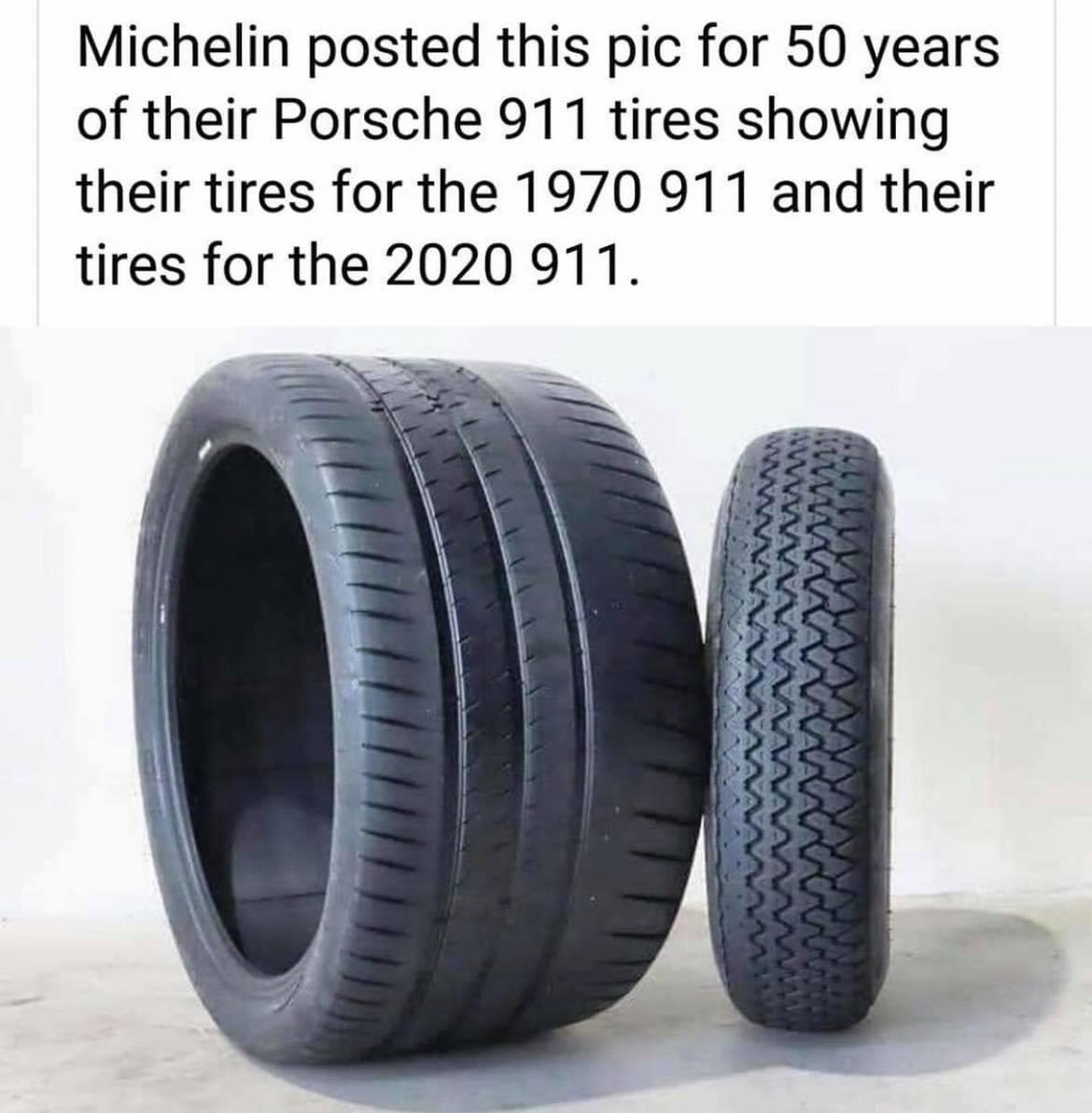 synthetic rubber - Michelin posted this pic for 50 years of their Porsche 911 tires showing their tires for the 1970 911 and their tires for the 2020 911.