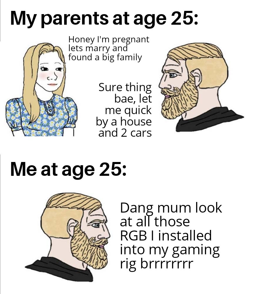 my parents at 29 meme - My parents at age 25 Honey I'm pregnant lets marry and found a big family Sure thing bae, let me quick by a house and 2 cars Me at age 25 Dang mum look at all those Rgb I installed into my gaming rig brrrrrrrr