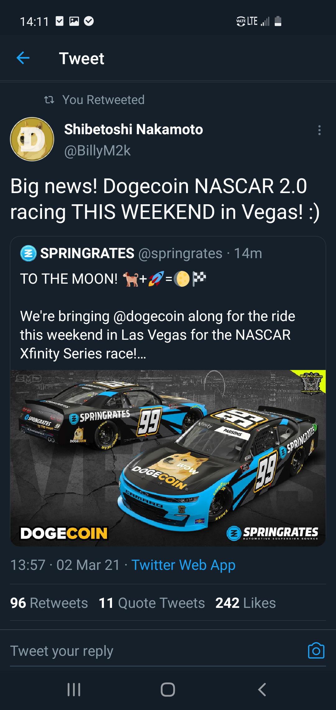 screenshot - Volte Lte il Tweet 12 You Retweeted Shibetoshi Nakamoto Big news! Dogecoin Nascar 2.0 racing This Weekend in Vegas! 3 Springrates 14m To The Moon! K Om We're bringing along for the ride this weekend in Las Vegas for the Nascar Xfinity Series 
