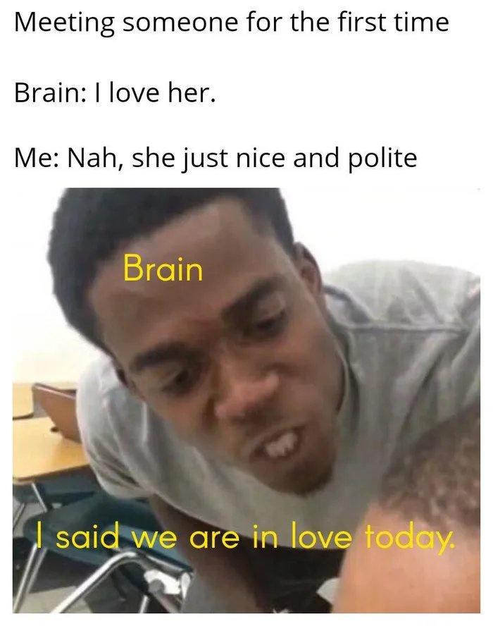 awesome pics and funny memes - windows update meme i said we updating today - Meeting someone for the first time Brain I love her. Me Nah, she just nice and polite Brain said we are in love today.