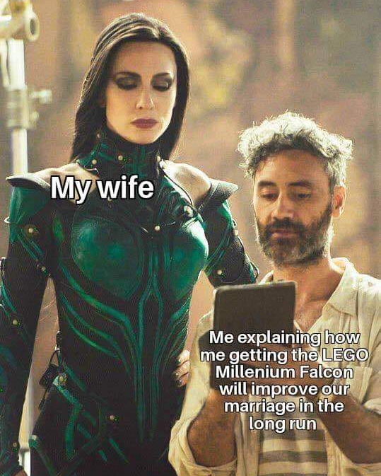 funny memes and random pics - thor ragnarok cate blanchett - My wife Me explaining how me getting the Lego Millenium Falcon will improve our marriage in the long run