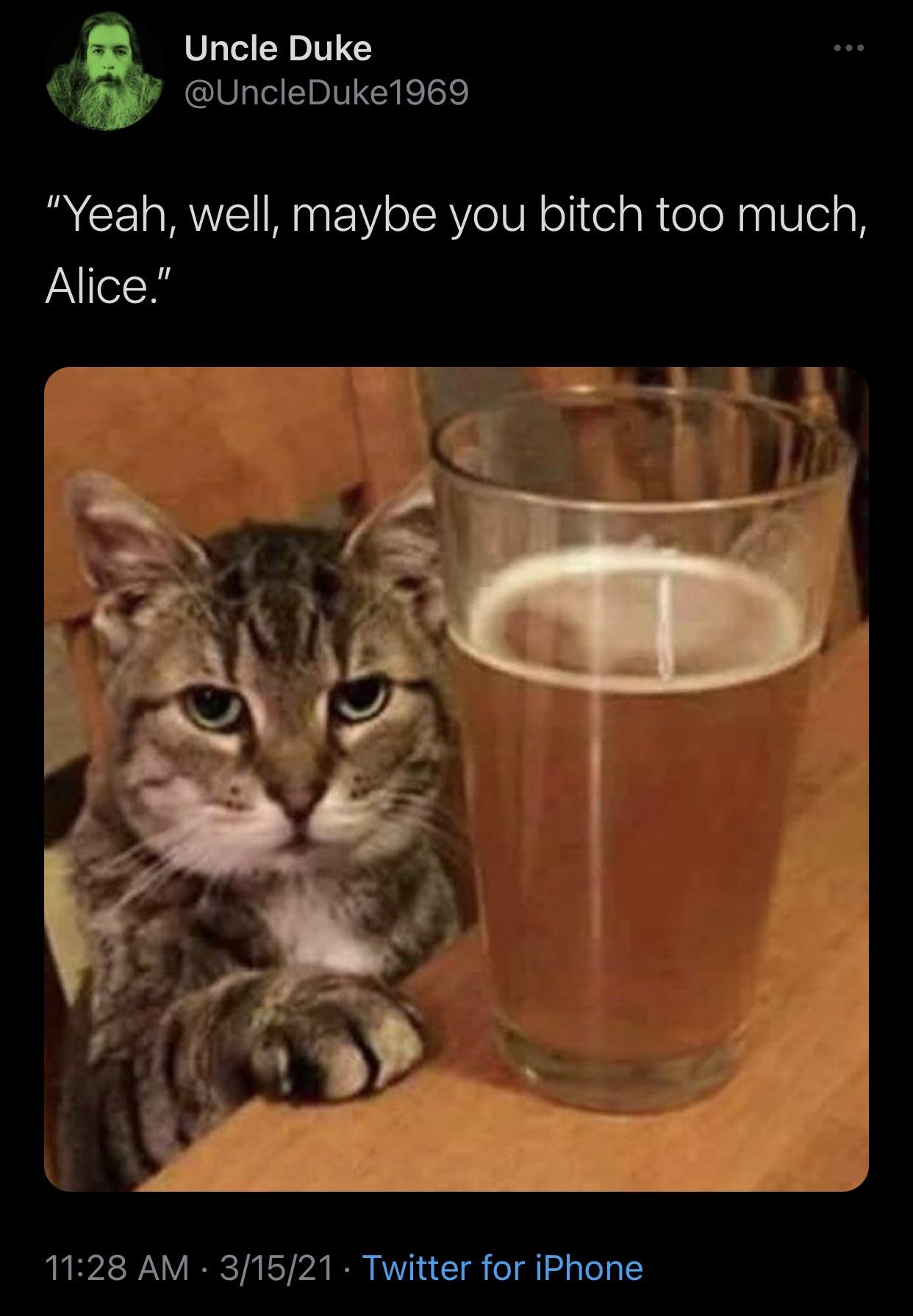 funny memes and random pics - Lolcat - Uncle Duke "Yeah, well, maybe you bitch too much, Alice." 31521 Twitter for iPhone