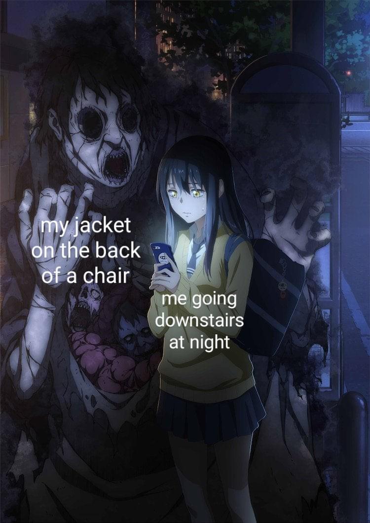 anime - my jacket on the back of a chair me going downstairs at night