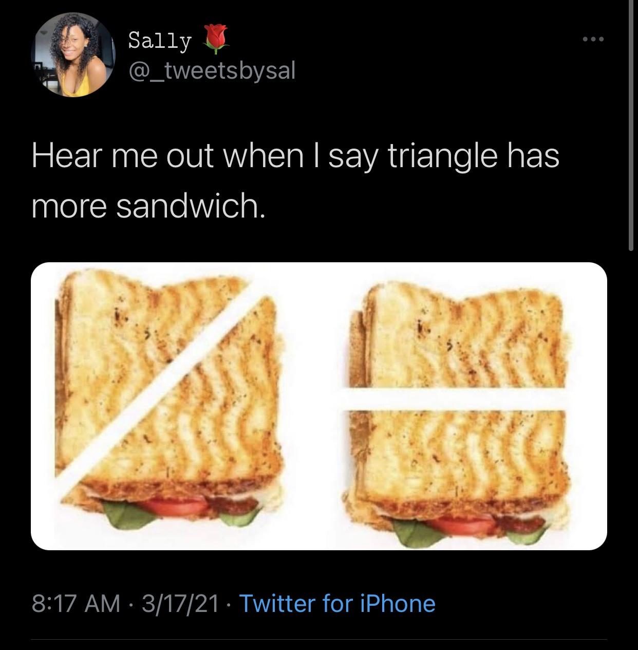 junk food - Sally Hear me out when I say triangle has more sandwich. 31721 Twitter for iPhone