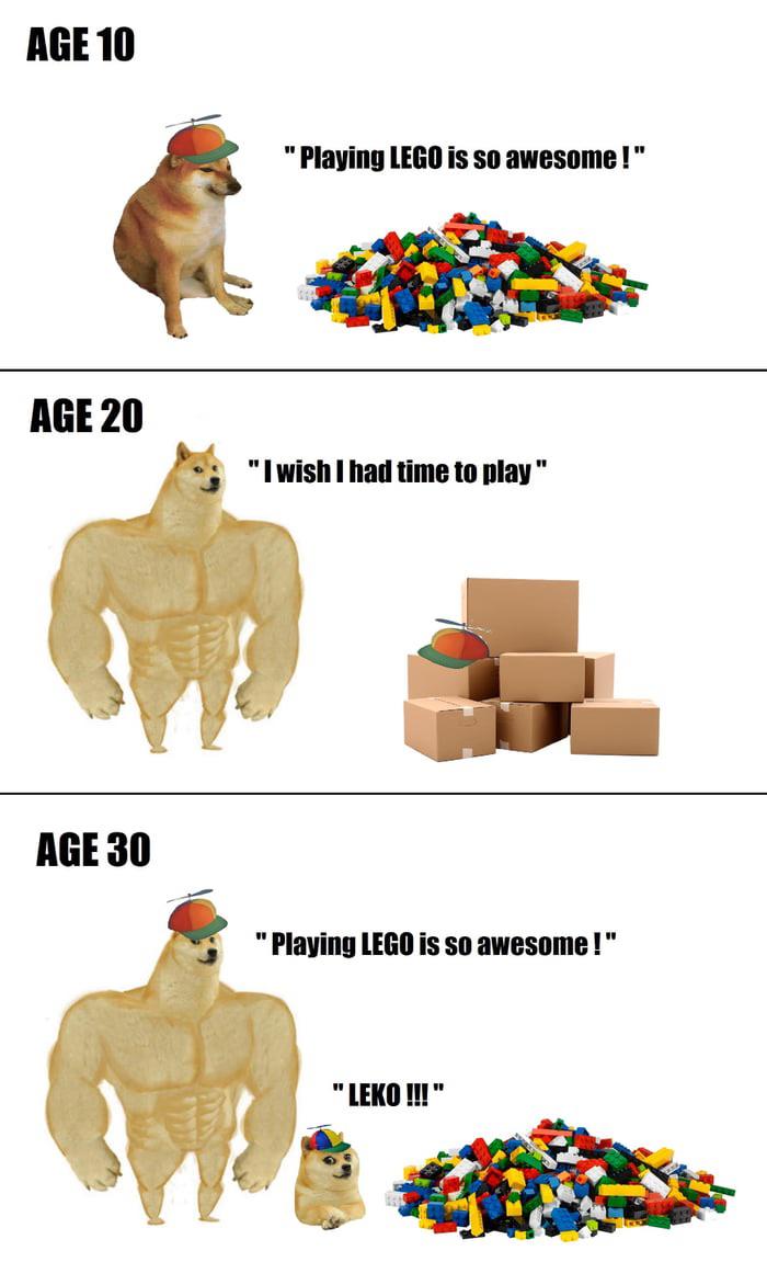 funny memes and random pics - clip art - Age 10 "Playing Lego is so awesome!" Age 20 "I wish I had time to play" Age 30 "Playing Lego is so awesome!" "Leko !!!"