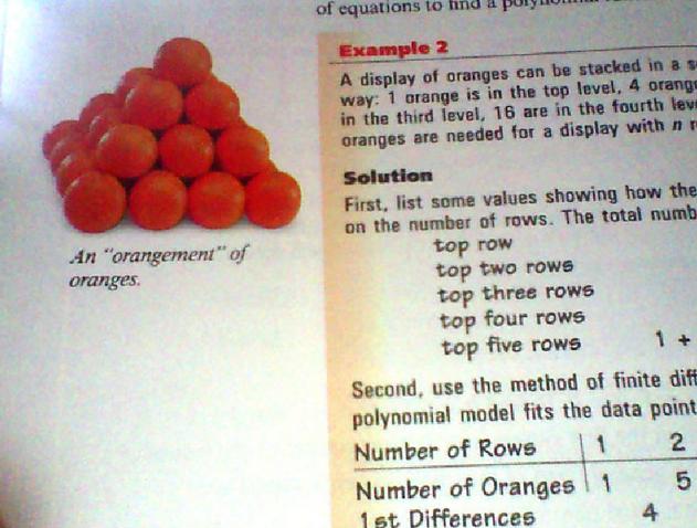orange - of equations to hnd a pUIYLIULUI Example 2 A display of oranges can be stacked in a s way 1 orange is in the top level, 4 orange in the third level, 16 are in the fourth leve oranges are needed for a display with nr An "orangement of oranges. Sol