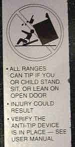 "All ranges can tip if you or child stand sit or lean on open door" (on an oven)