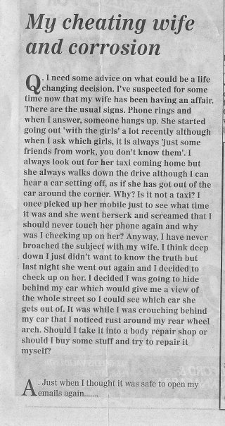 A letter to the agony aunt of Irelands Galway Advertiser takes a turn towards the silly.