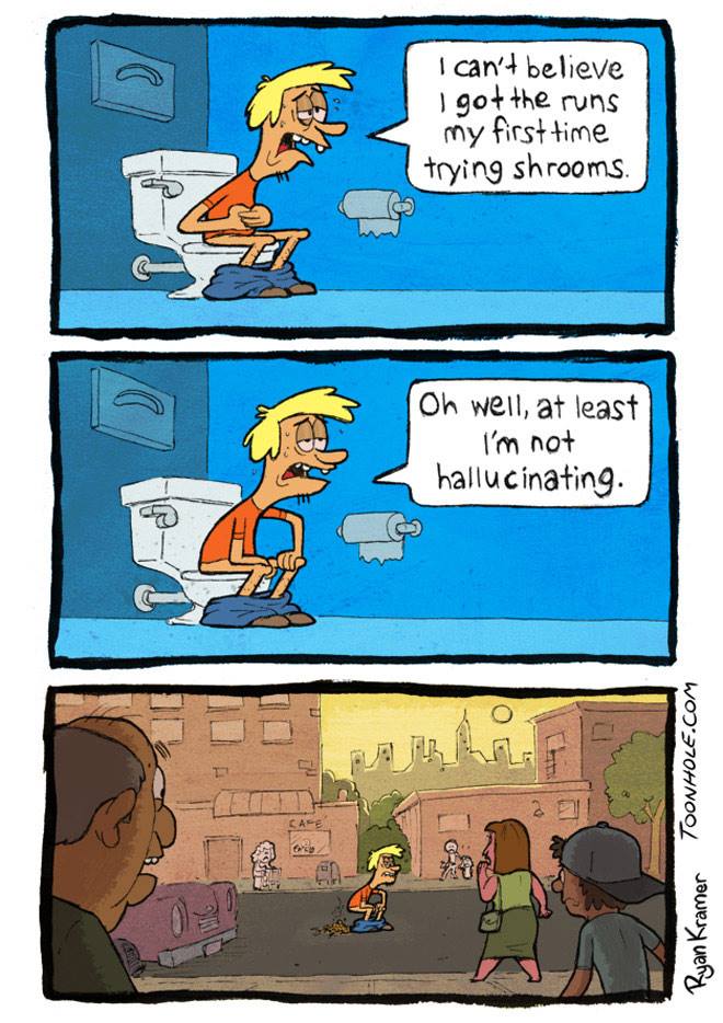 shrooms meme - I can't believe I got the runs my first time trying shrooms. Oh well, at least I'm not hallucinating. s Toonhole.Com Ryan Kramer