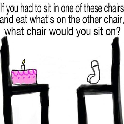 sit on one eat one - If you had to sit in one of these chairs and eat what's on the other chair, what chair would you sit on?