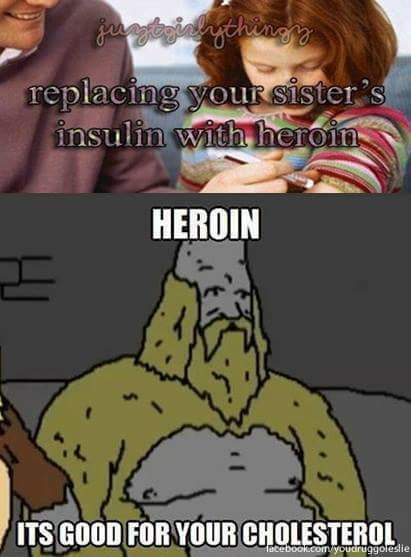 big lez show memes - julginsythingy replacing your sister's insulin with heroin Heroin Its Good For Your Cholesterol Tacebook.comyoudruggolestie