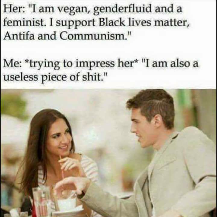 like a guy whos in touch - Her "I am vegan, genderfluid and a feminist. I support Black lives matter, Antifa and Communism." Me trying to impress her "I am also a useless piece of shit."