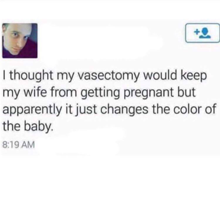 apparently a vasectomy just changes the color - I thought my vasectomy would keep my wife from getting pregnant but apparently it just changes the color of the baby
