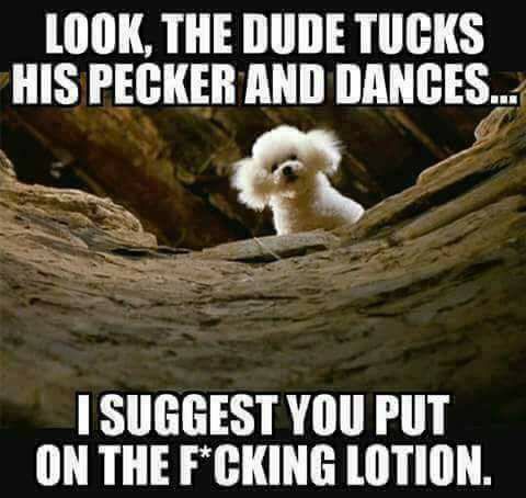 silence of the lambs dog meme - Look, The Dude Tucks His Pecker And Dance.... I Suggest You Put On The FCking Lotion.