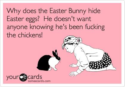 boiling rabbit meme - Why does the Easter Bunny hide Easter eggs? He doesn't want anyone knowing he's been fucking the chickens! your cards someecards.com