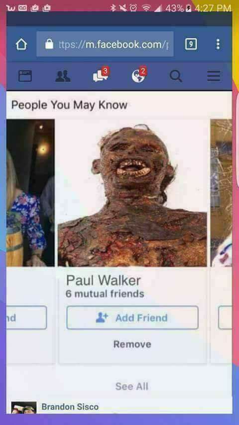 paul walker facebook meme - Woo 24 43%@ ttpsm.facebook.com People You May Know Paul Walker 6 mutual friends 3 Add Friend Remove See All Brandon Sisco