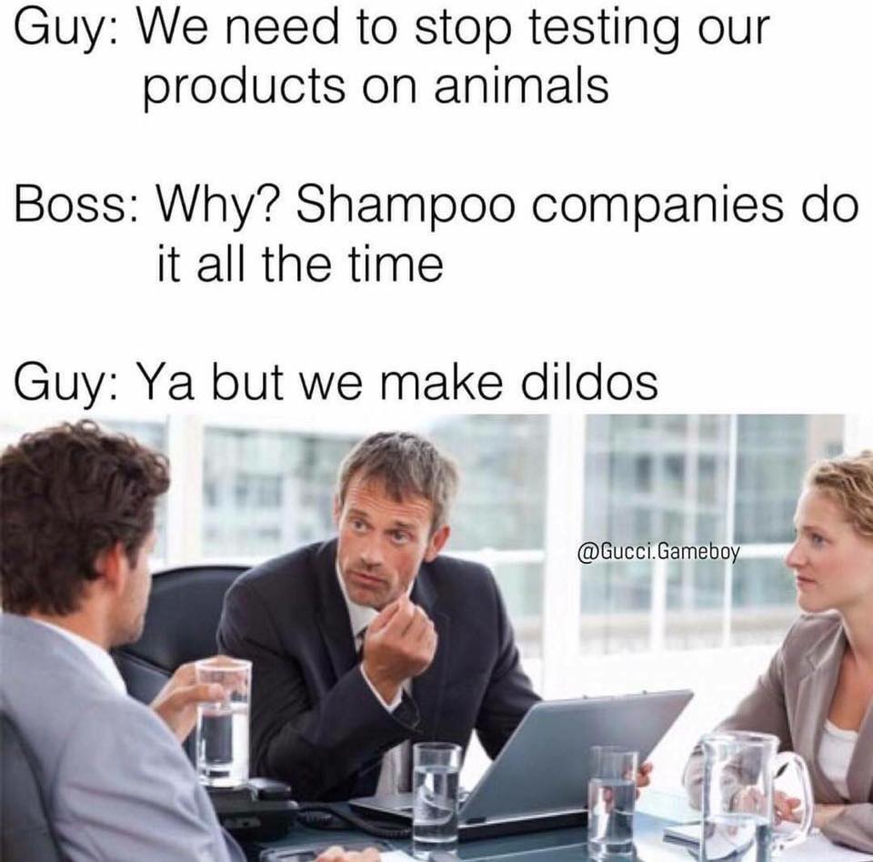 we need to stop testing our products - Guy We need to stop testing our products on animals Boss Why? Shampoo companies do it all the time Guy Ya but we make dildos .Gameboy