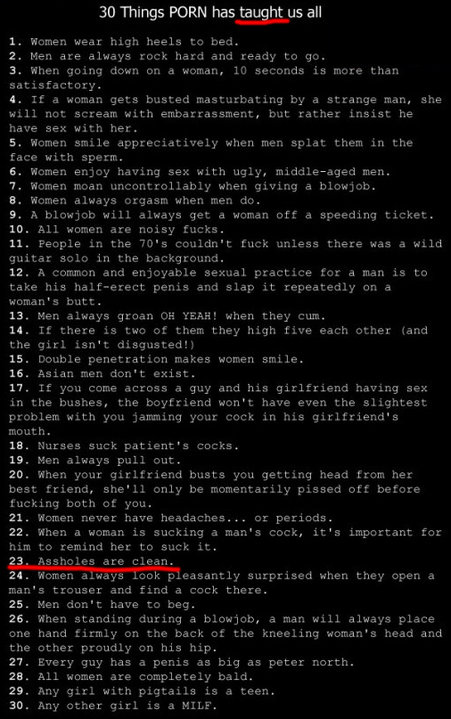 Var-Nok - 30 Things Porn has taught us all 1. Women wear high heels to bed. 2. Men are always rock hard and ready to go. . When going down on a woman, 10 seconds is more than satisfactory. 4. If a woman gets busted masturbating by a strange man, she will 