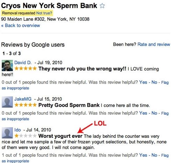 google reviews on sperm bank - Cryos New York Sperm Bank Removal requested Not true? 90 Maiden Lane , New York, Ny 10038 Back to overview Reviews by Google users Been here? Rate and review 1 3 of 3 David D. They never rub you the wrong way!! I Love coming