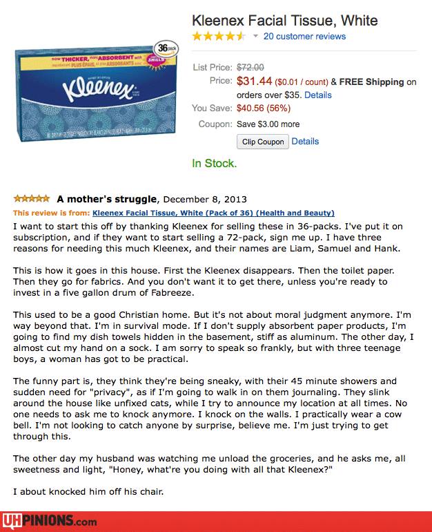 amazon kleenex review - Kleenex Facial Tissue, White 20 customer reviews Now Thicker Absorbent Usasunts Kleenex List Price $72.00 Price $31.44 $0.01 count & Free Shipping on orders over $35. Details You Save $40.56 56% Coupon Save $3.00 more Clip Coupon D