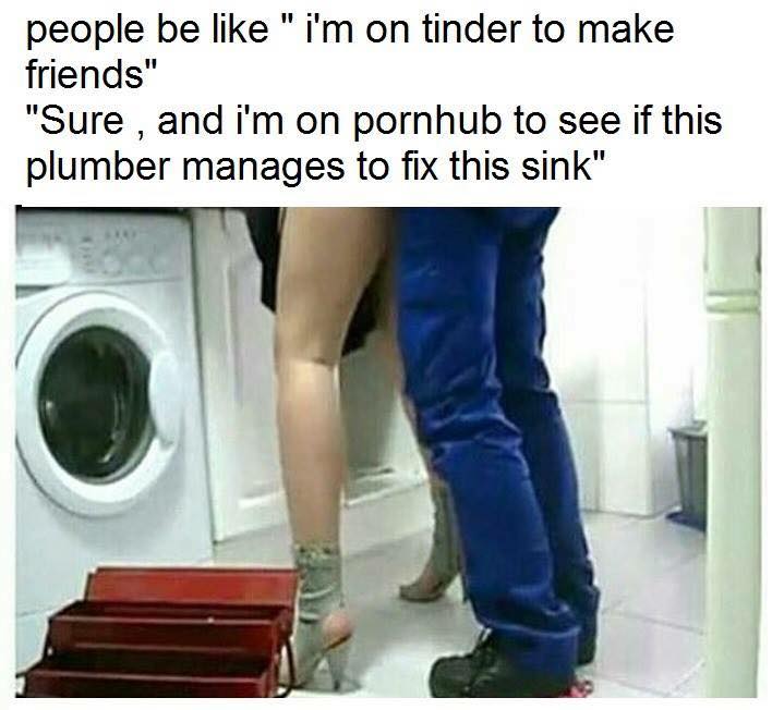 tinder for friends meme - people be " i'm on tinder to make friends" "Sure, and i'm on pornhub to see if this plumber manages to fix this sink"