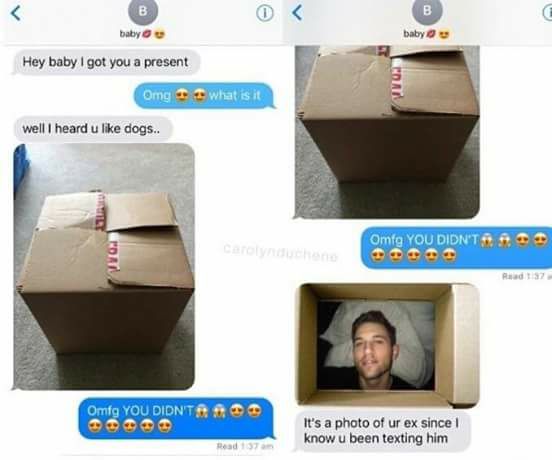 cardboard - B baby baby Hey baby I got you a present Omg t what is it well I heard u dogs.. Omfg You Didn'T Pdate Raad 137 Omfg You Didn'T It's a photo of ur ex since 1 know u been texting him Road 1