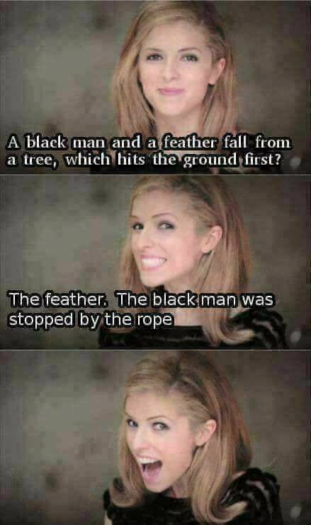 anna kendrick joke - A black man and a feather fall from a tree, which hits the ground first? The feather. The black man was stopped by the rope