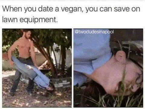 vegan lawnmower meme - When you date a vegan, you can save on lawn equipment.