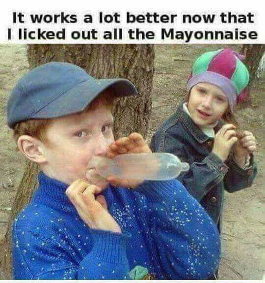 Disgusting meme of kids inflating condoms like balloons with caption about how it works better now that he licked the Mayonnaise all out of it.