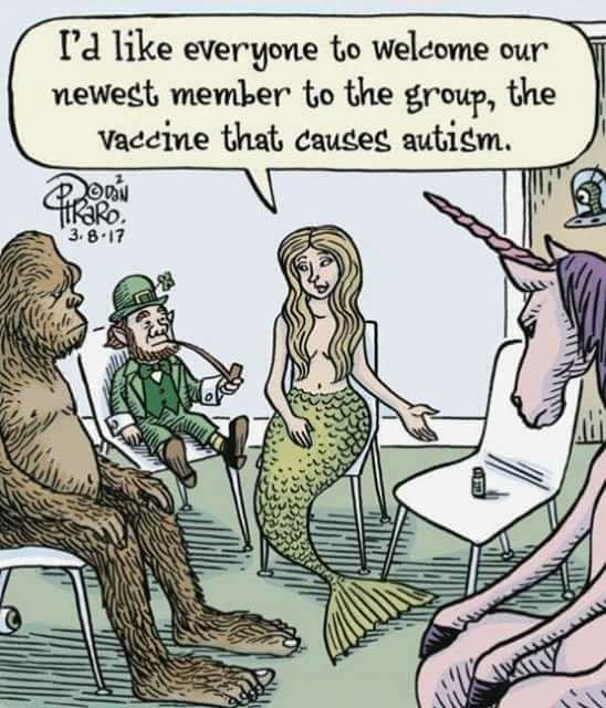 Cartoon of mythical creatures all meeting up and introducing their newest member, the vaccine that causes autism