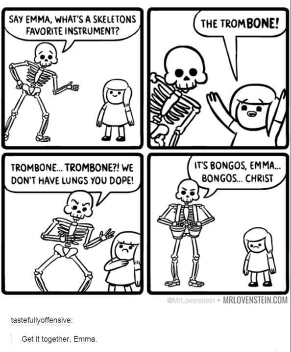 Corny cartoon about Trombone being skeleton's favorite instrument but it is actually the bongo drums.