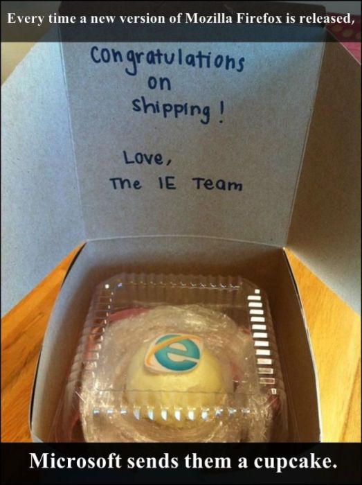 Every time a new version of Mozilla Firefox is released, Congratulations on shipping! Love, The Ie Team Microsoft sends them a cupcake.