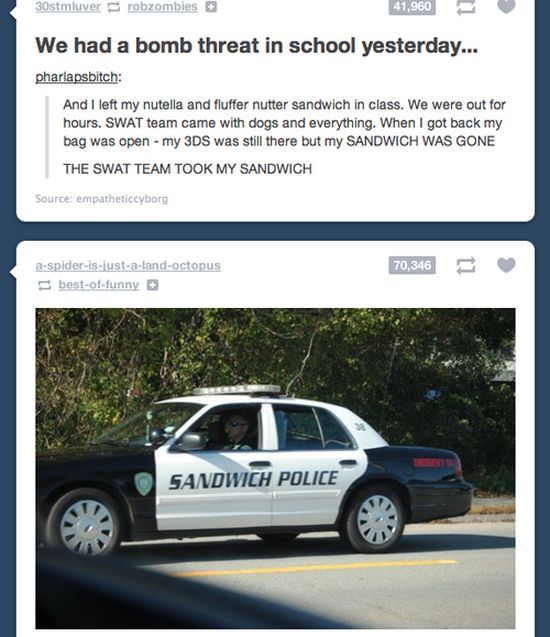 tumblr - funny police memes - 30stmluver robzombies 41,960 We had a bomb threat in school yesterday... pharlapsbitch And I left my nutella and fluffer nutter sandwich in class. We were out for hours. Swat team came with dogs and everything. When I got bac