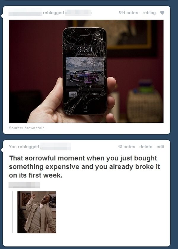 tumblr - smartphone - reblogged 511 notes reblog . end Source brownstain You reblogged 18 notes delete edit That sorrowful moment when you just bought something expensive and you already broke it on its first week.