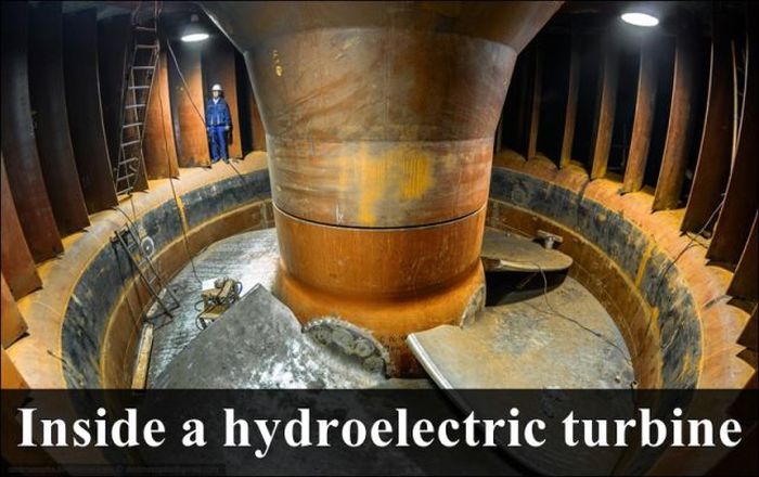Inside a hydroelectric turbine