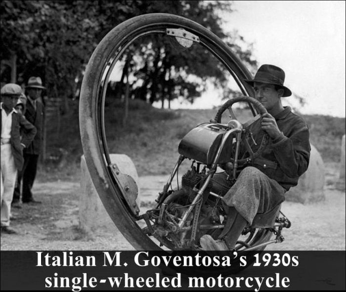 men in black motorcycle - Italian M. Goventosa's 1930s singlewheeled motorcycle