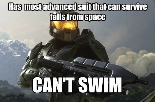 video game logic - Has most advanced suit that can survive falls from space Can'T Swim