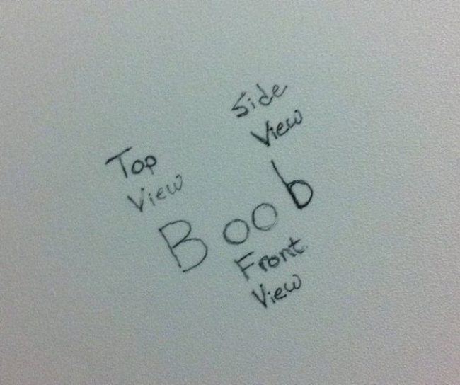 funny bathroom stall messages - Side View Top View Boob Front View