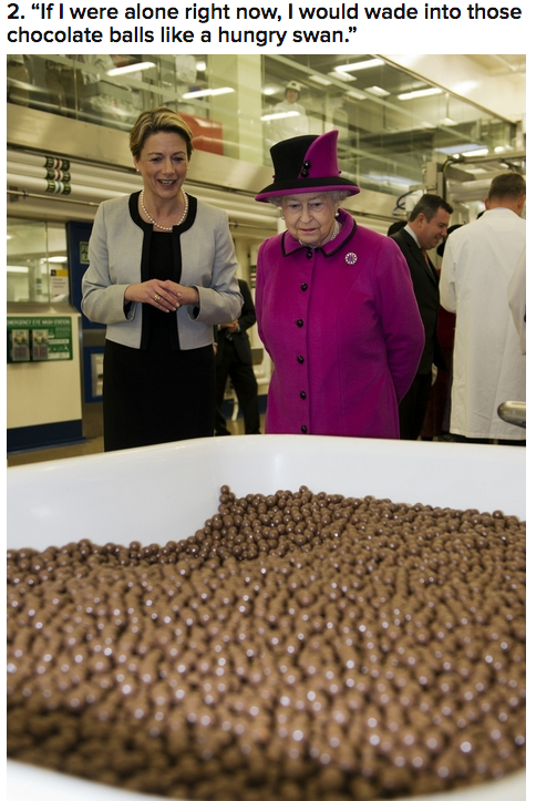 queen elizabeth chocolate - 2. "If I were alone right now, I would wade into those chocolate balls a hungry swan."