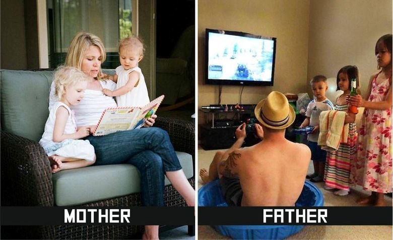Mother sitting nicely nestled on the couch reading a book to the kids VS Dad who is sitting in kids pool in the living room playing video games while kids wait on him like slaves.