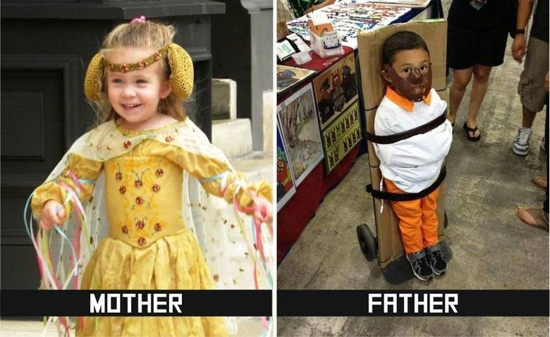 Mom dressed up girl in adorable cute costume VS dad who dressed kid up as Hannibal Lecter when he is being transported.