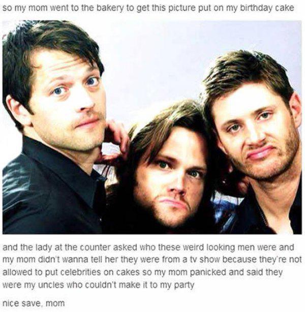 sam dean and castiel funny - so my mom went to the bakery to get this picture put on my birthday cake and the lady at the counter asked who these weird looking men were and my mom didn't wanna tell her they were from a tv show because they're not allowed 