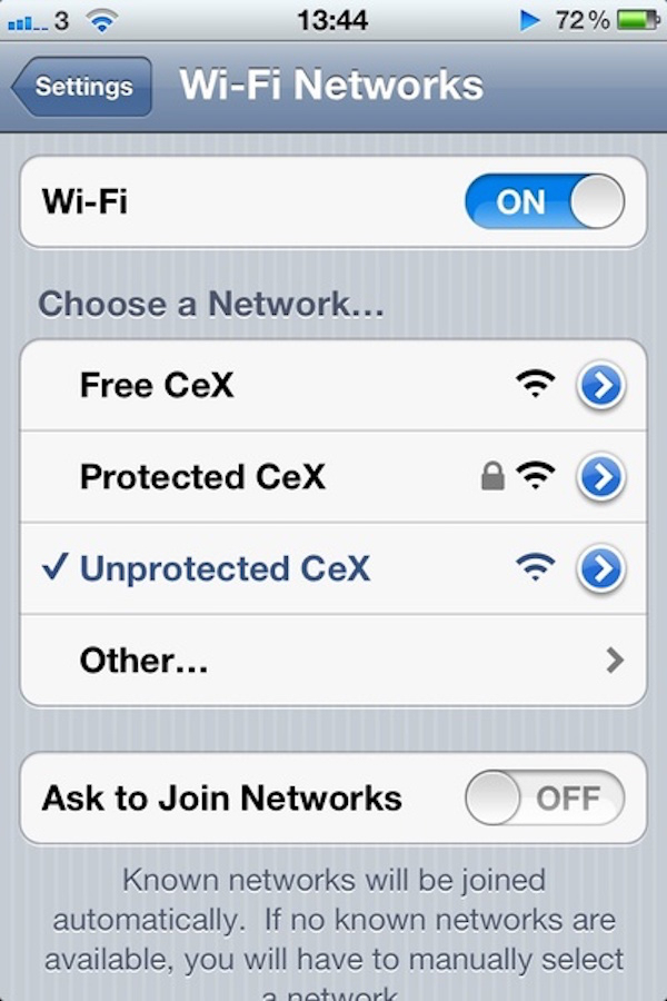 iphone wifi screen - ..3 72% Settings WiFi Networks WiFi On On O Choose a Network... Free CeX Protected CeX Unprotected Cex Other... Ask to Join Networks Off Known networks will be joined automatically. If no known networks are available, you will have to